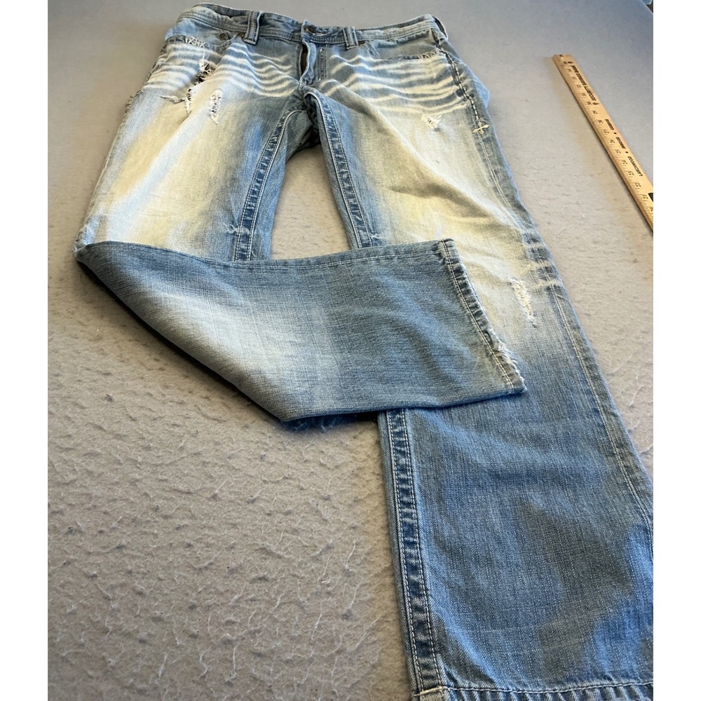 Affliction Y2K Blake Jeans Distressed Straight Leg 33 Regular Light Wash Buckle